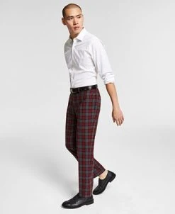 Bar III Men's Slim-Fit Red/Gray Plaid Suit Pants, Created For Macy's -Vince Camuto Sale 19466692 fpx