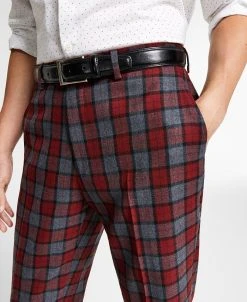 Bar III Men's Slim-Fit Red/Gray Plaid Suit Pants, Created For Macy's -Vince Camuto Sale 19466696 fpx