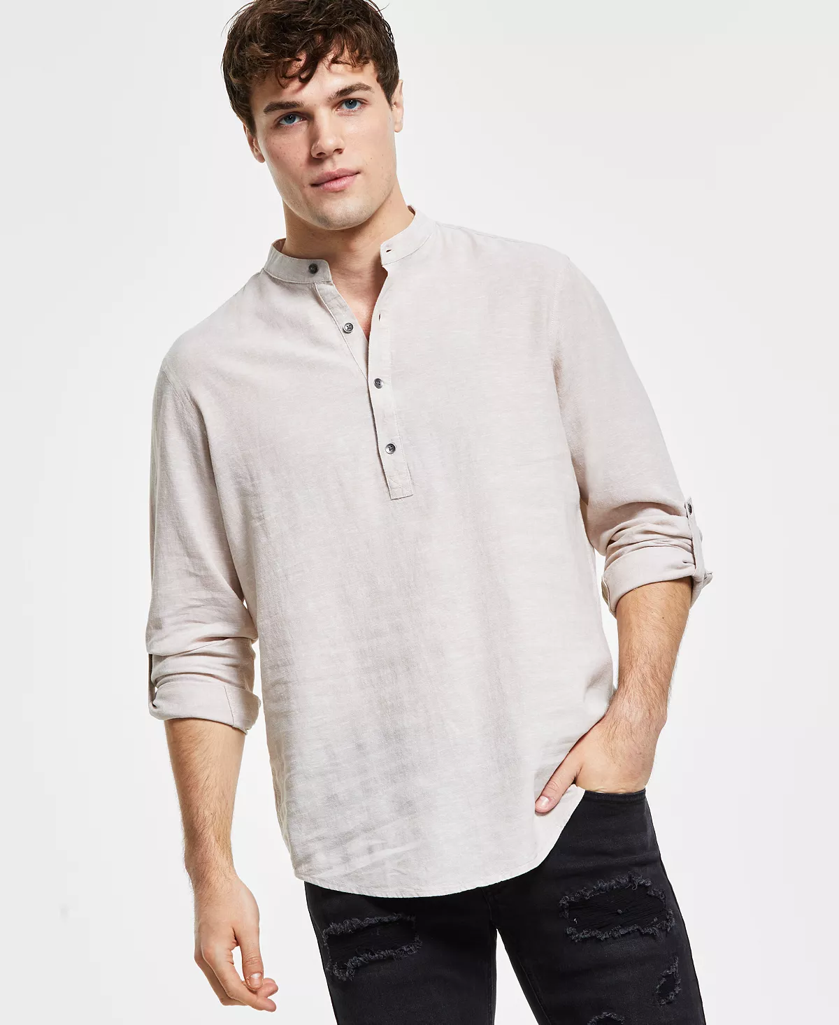 INC International Concepts Men's Regular-Fit Linen Popover Shirt, Created For Macy's 3 INC International Concepts Men's Regular-Fit Linen Popover Shirt, Created For Macy's