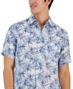 Club Room Men's Gone Classic-Fit Leaf Print Linen Short-Sleeve Shirt, Created For Macy's -Vince Camuto Sale 21695702 fpx