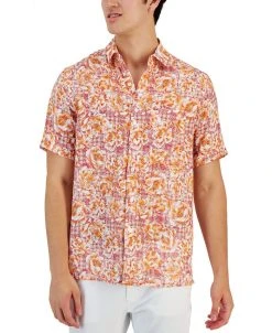 Club Room Men's Theora Garden Check Floral Linen Short-Sleeve Pocket Shirt, Created For Macy's