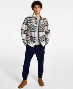 Sun + Stone Men's Plaid Fleece Collar Trucker Jacket, Thermal Waffle-Knit Long Sleeve Shirt & Corduroy Jogger Pants, Created For Macy's