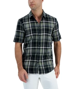Alfani Men's Short-Sleeve Panama Plaid Textured Shirt, Created For Macy's -Vince Camuto Sale 21909370 fpx