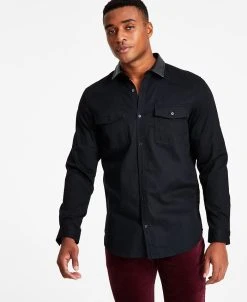 INC International Concepts Men's Classic-Fit Solid Button-Down Shirt With Faux-Leather Collar, Created For Macy's