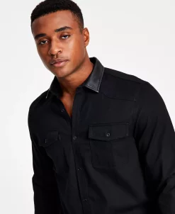 INC International Concepts Men's Classic-Fit Solid Button-Down Shirt With Faux-Leather Collar, Created For Macy's -Vince Camuto Sale 22225770 fpx