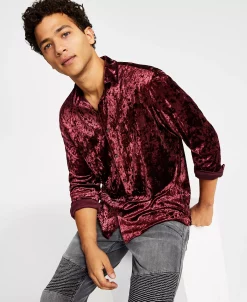 INC International Concepts Men's Crinkled Velvet Button-Up Long-Sleeve Shirt, Created For Macy's