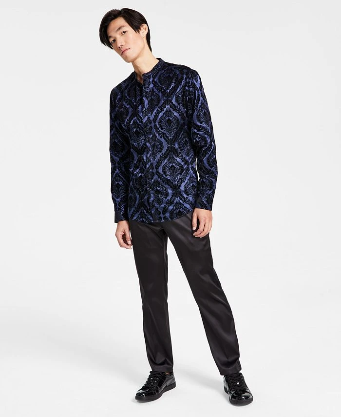 INC International Concepts Men's Band Collar Button-Up Shirt & Satin Stripe Dress Pants, Created For Macy's 3 INC International Concepts Men's Band Collar Button-Up Shirt & Satin Stripe Dress Pants, Created For Macy's
