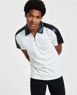 INC International Concepts Men's Classic-Fit Short-Sleeve Zip Polo Shirt With Faux Leather Piecing, Created For Macy's
