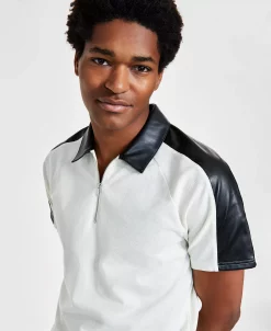 INC International Concepts Men's Classic-Fit Short-Sleeve Zip Polo Shirt With Faux Leather Piecing, Created For Macy's -Vince Camuto Sale 22694062 fpx