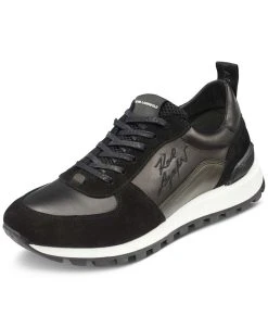 KARL LAGERFELD Men's Leather & Suede Runner Sneaker With Black Embroidered Signature Side Logo