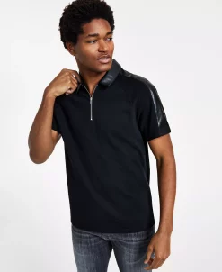 INC International Concepts Men's Classic-Fit Short-Sleeve Zip Polo Shirt With Faux Leather Piecing, Created For Macy's -Vince Camuto Sale 23149937 fpx
