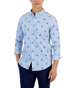 Club Room Men's James Classic-Fit Stripe Sailboat-Print Button-Down Poplin Shirt, Created For Macy's