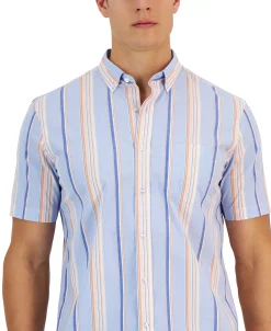 Club Room Flamingo Short Sleeve Button-Down Striped Pattern Shirt, Created For Macy's -Vince Camuto Sale 23204872 fpx