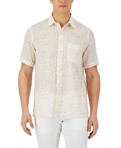 Club Room Men's Short-Sleeve Stripe Fern Linen Shirt, Created For Macy's