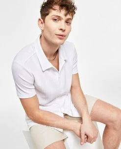 INC International Concepts Men's Rib Knit Button-Up Short-Sleeve Shirt, Created For Macy's