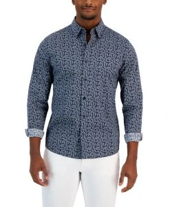 Michael Kors N's Slim-Fit Stretch Leaf Sketch Print Long-Sleeve Button-Up Shirt