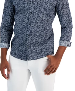 Michael Kors N's Slim-Fit Stretch Leaf Sketch Print Long-Sleeve Button-Up Shirt -Vince Camuto Sale 23769072 fpx