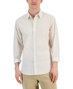Michael Kors N's Slim-Fit Stretch Crosshatch Geometric Print Long-Sleeve Button-Up Shirt